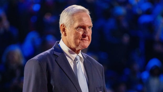 February 20, 2022; Cleveland, Ohio, USA; NBA great Jerry West is honored for being selected to the NBA 75th Anniversary Team during halftime in the 2022 NBA All-Star Game at Rocket Mortgage FieldHouse.